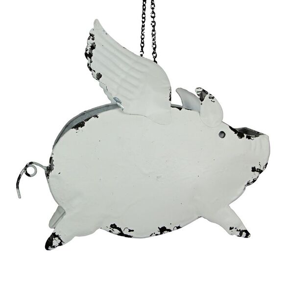 Metal Distressed White Flying Pig Hanging Planter Set Large & Small Flower Pots - Picture 3 of 8